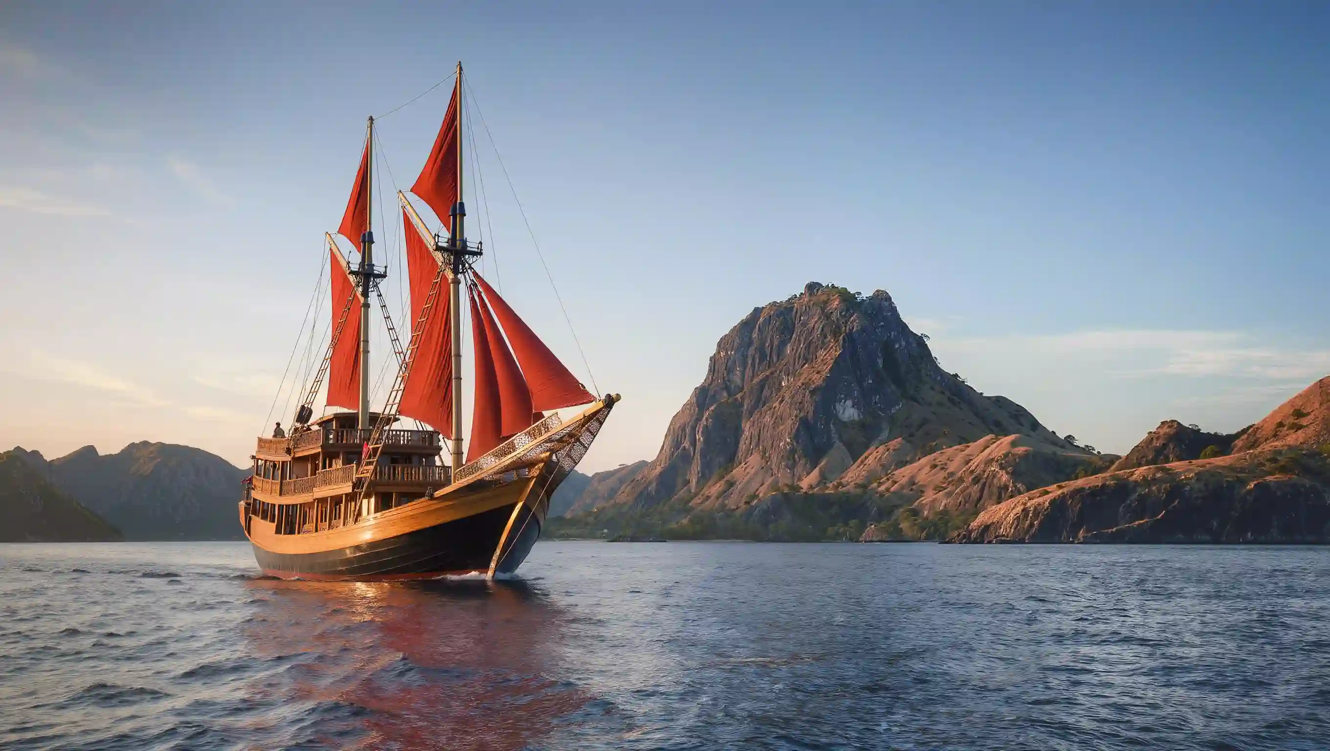 A red-sailed phinisi passing a rock island in Komodo National Park
