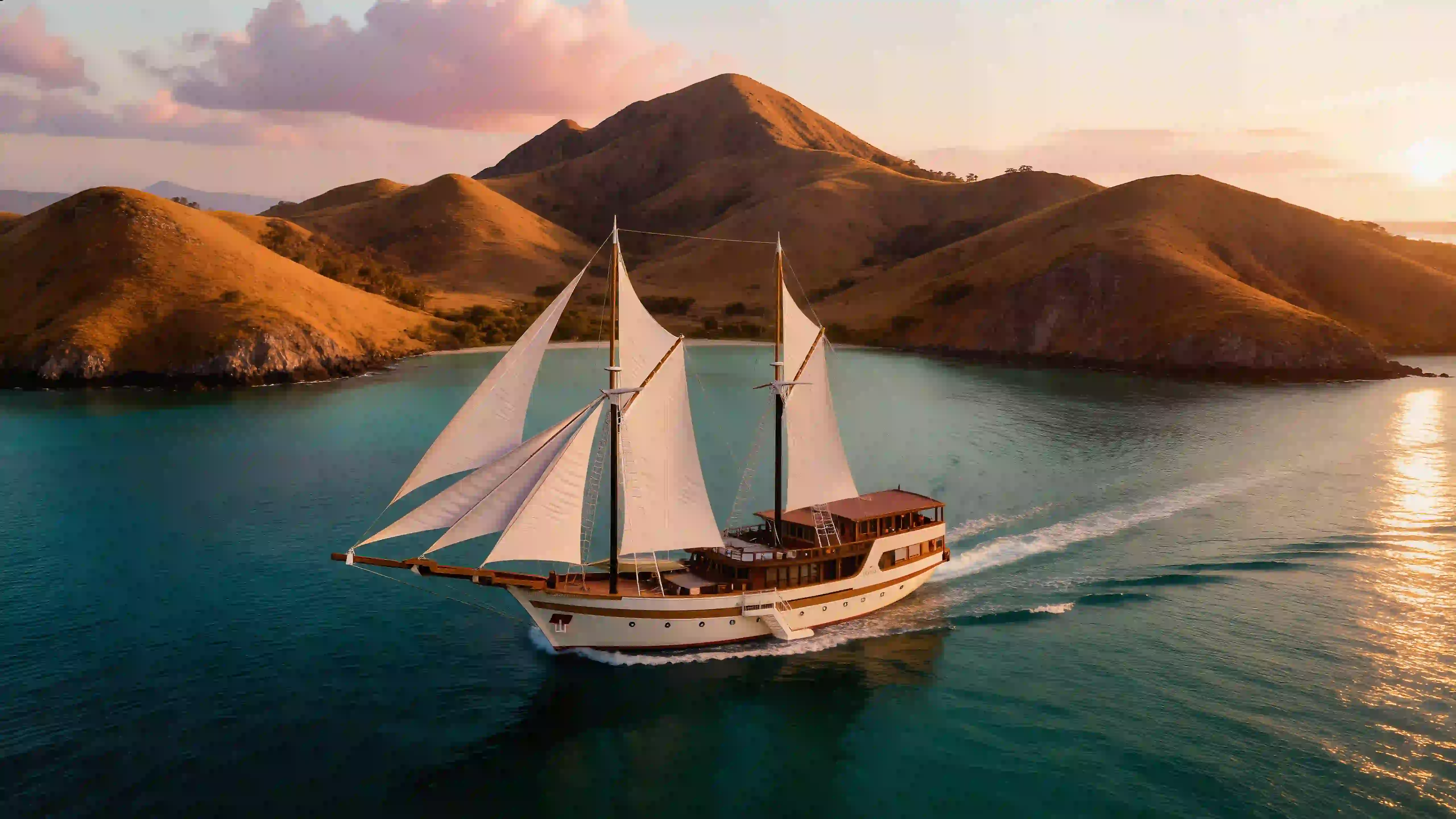 A phinisi under full sail past the hills of Komodo National Park